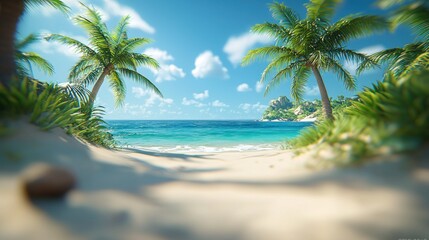 Obraz premium Tropical beach paradise, palm trees, ocean view, sunny day, vacation