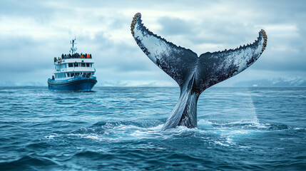 Obraz premium Humpback Whale Tail breaching the surface of blue ocean near a whale spotting ship Whales Watching Tour