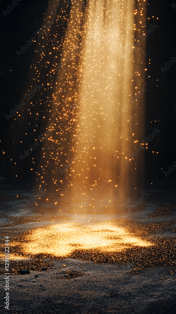 Poster Close-up of golden dust or particles floating in the air, illuminated by light and creating an ethereal, sparkling effect on the ground below, symbolizing magic or energy.