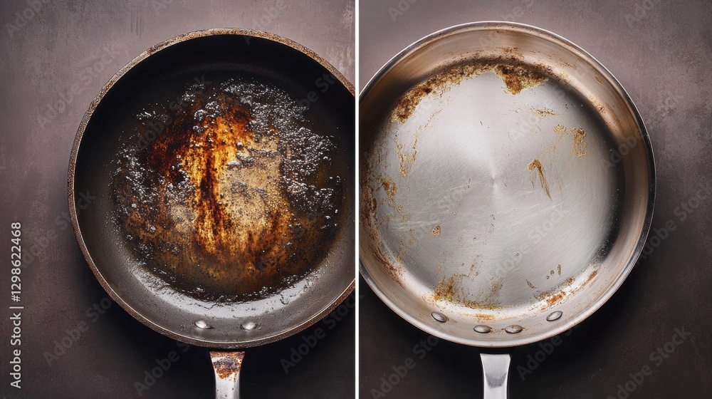 Poster Cleaning a tarnished frying pan to restore its shine and functionality. Generative AI