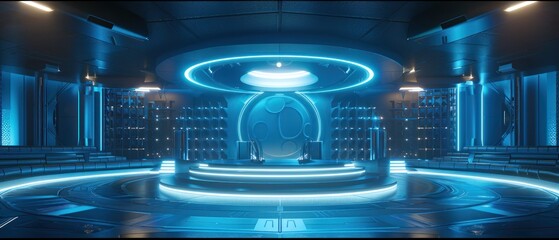 Obraz premium Futuristic Interior with Blue Neon Lights and a Circular Platform