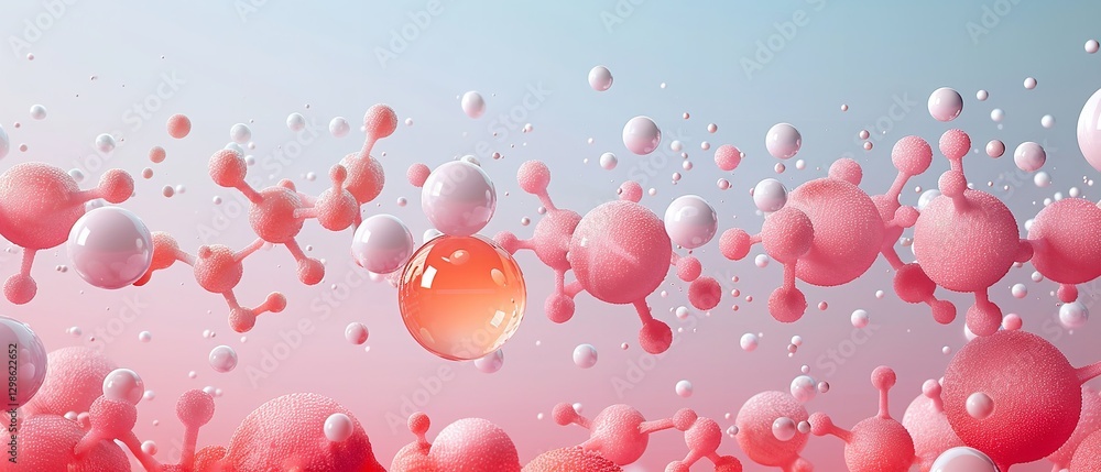 Poster an extremely close-up of using text space a whimsical depiction of several molecules each with its o