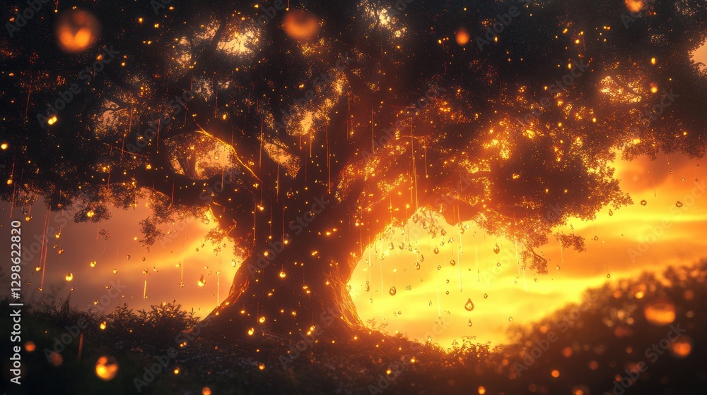 Poster majestic tree adorned with glowing orbs against a vibrant sunset sky. generative ai