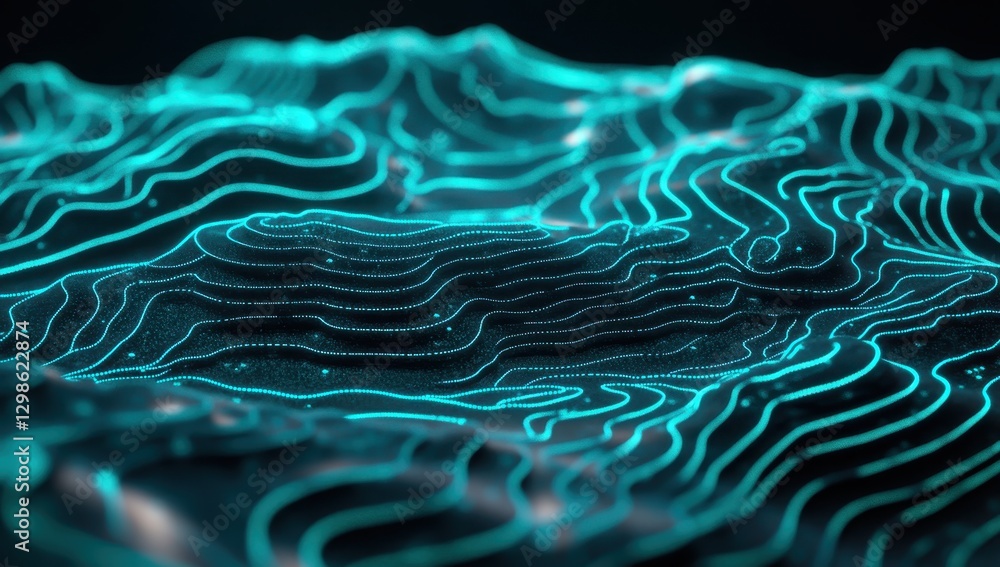 Poster abstract digital landscape with glowing lines and curves in shades of blue and teal representing dep