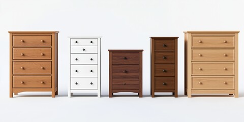 five pieces of wooden furniture. a brown chest of drawers, a white chest of drawers, a light beige dresser with four drawers and two doors