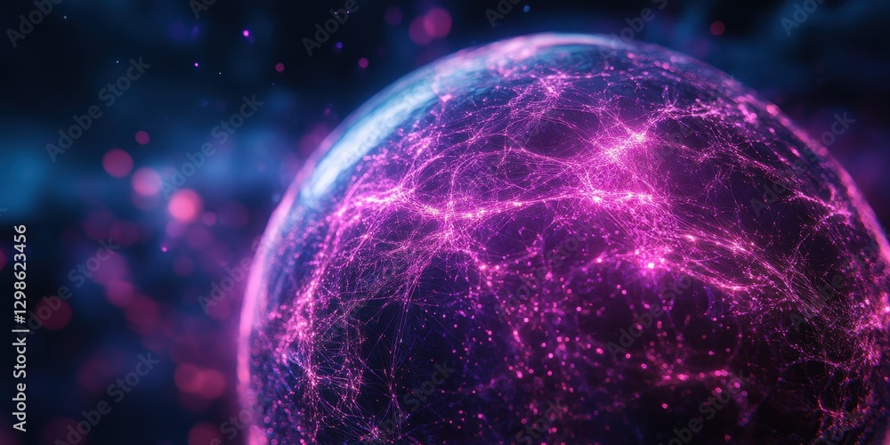 Aufkleber abstract digital sphere with glowing lines and particles in vibrant pink and blue colors representin
