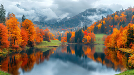 Naklejka premium Autumn Lake Reflections Landscape Photo