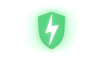 Green shield with lightning bolt icon for security and energy
