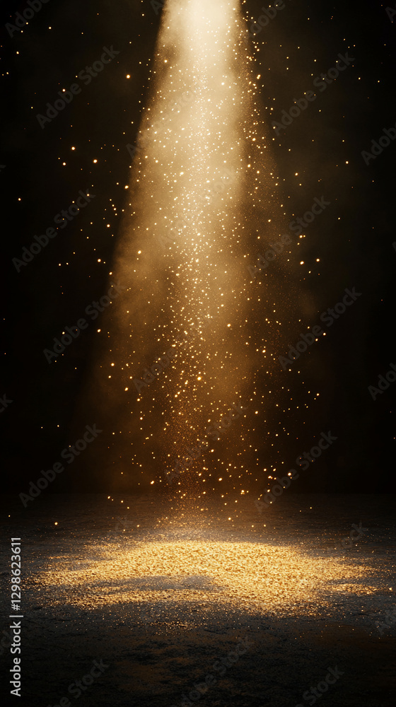 Poster golden particles falling from above, creating a radiant glow on the ground, symbolizing light, energ