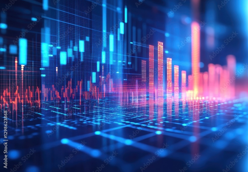 Poster abstract digital visualization of stock market trends with colorful data points and graphical elemen