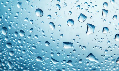 Water droplets on a glass surface, light blue background, top view, close-up