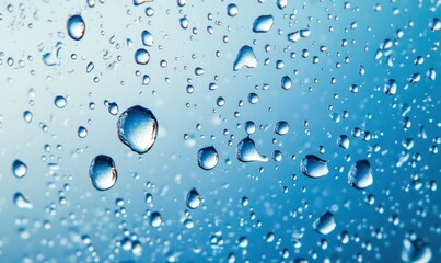 Water droplets on a glass surface, light blue background, top view, close-up