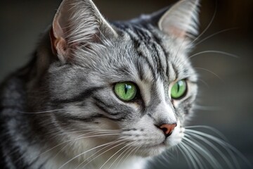 Beautiful gray and white striped cat gazing attentively with bright green eyes, captured in a close up portrait against a soft background