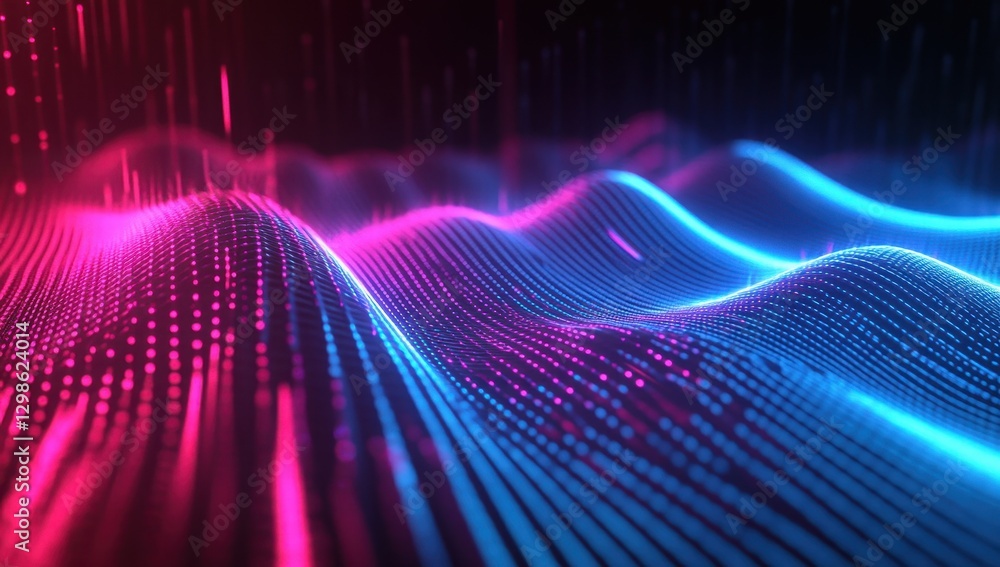 Poster abstract digital wave pattern in vibrant pink and blue hues, representing sound waves, data visualiz
