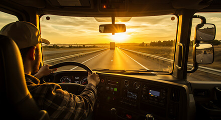 Inside view of a truck cab with a man driving on the highway as the sun rises, creating a warm glow
