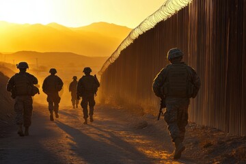 Military soldiers walking at a border wall