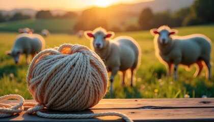 Obraz premium Yarn rests on a table while sheep graze in a sunset field