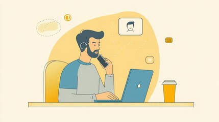 Man working on laptop, making phone call, coffee shop background. Possible use Stock photo for office scene, work, business, and communication