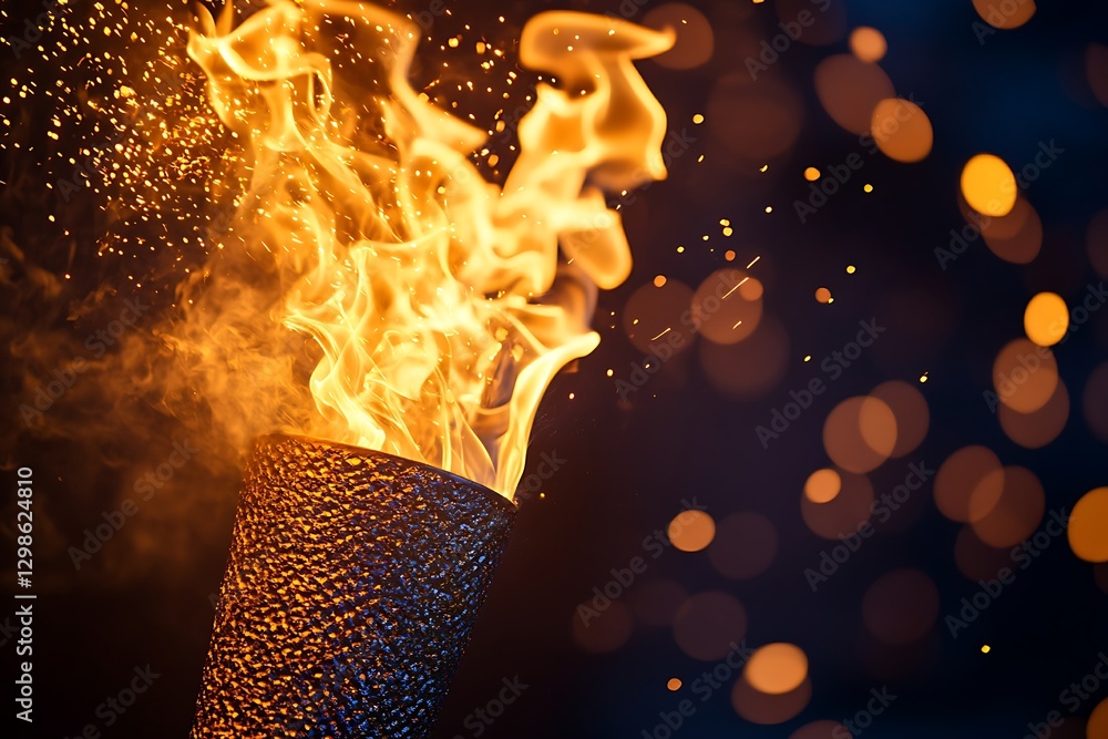 Poster burning torch with sparks and bokeh background