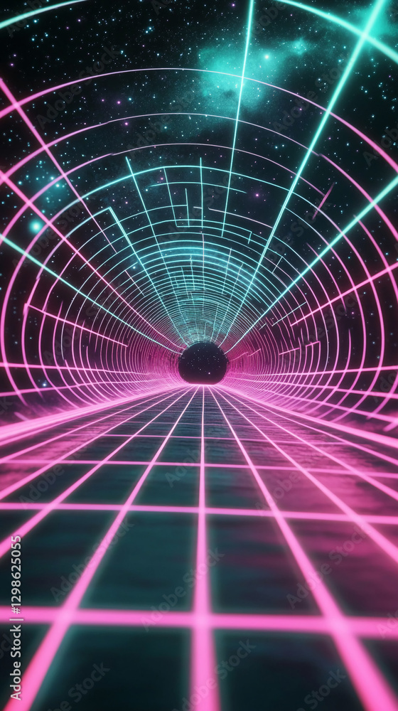 Poster a glowing neon grid tunnel with pink and cyan lines, extending into a cosmic space, symbolizing futu