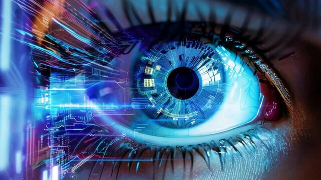 Blue futuristic eye in modern technologies. Abstract high technology its concept.