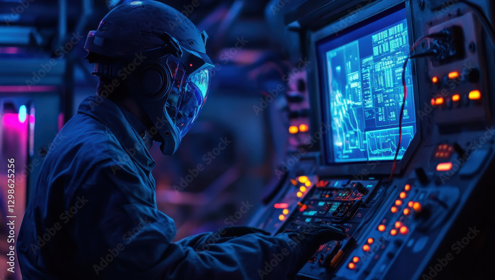 Aufkleber an engineer wearing a helmet is focused on a control panel, adjusting settings while surrounded by g