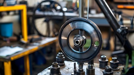 Detailed Close-up of Bicycle Wheel Hub with Disc Brake Components in Workshop Environment