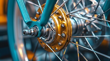 Obraz premium Detailed Close-up Shot of Bicycle Wheel Hub with Disc Brake Components in a Workshop Setting