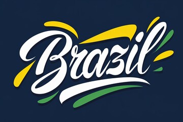 Obraz premium Brazil lettering on navy background with yellow and green accents. Patriotic typography for Independence Day, Carnival, or Republic Day. South American tourism concept.