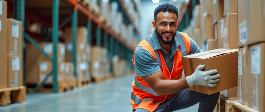 smiling warehouse worker carefully handling a cardboard box in a busy warehouse.