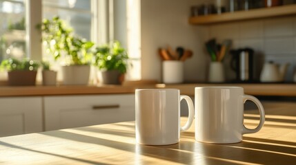 Obraz premium Two white mugs sitting on a kitchen counter in the morning sun