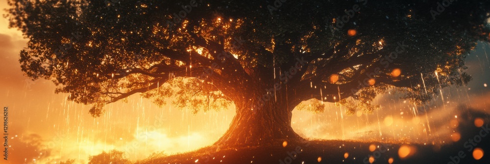 Poster golden light shines through a majestic tree during a rainfall at sunset in a tranquil landscape sett