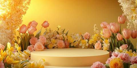 Floral Display: A soft yellow podium amidst pink tulips and roses on yellow background