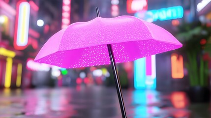 Pink Illuminated Umbrella in a Rainy Neon City at Night