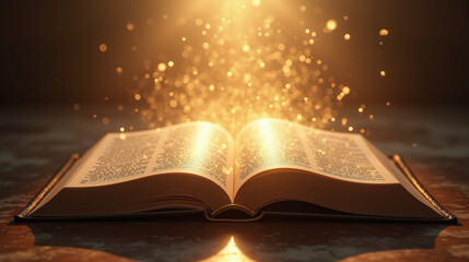 Open Bible Illuminates Sacred Text With Divine Light Emanating