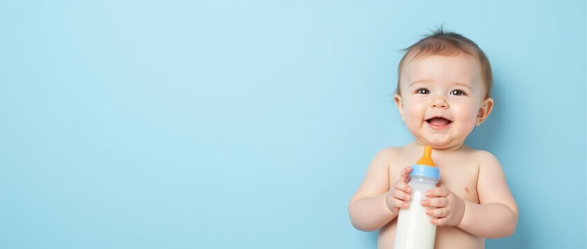 Happy smiling baby holding milk bottle on blue background with copy space. Infant nutrition, child development, and parenting concept for Baby Day and Children's Health Day