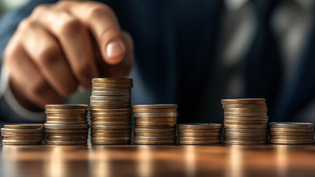 Cost reduction concept with decreasing coins and a down arrow. Businessman focused on cost-saving strategies, cost management, and effective business during an economic recession and low budget.