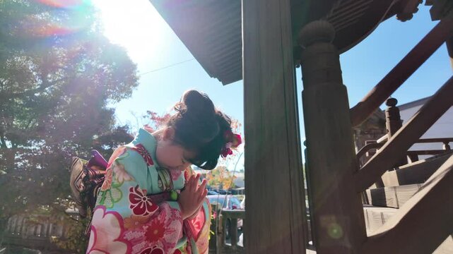 境内で参拝する七五三の7歳の女の子
