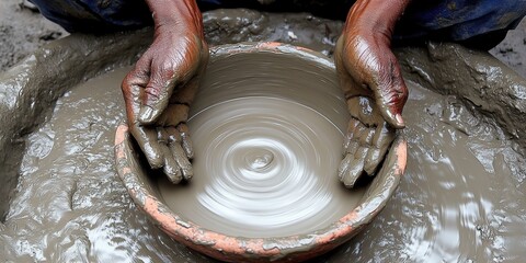 Crafting traditional pottery with skillful hands at a rural workshop in the afternoon sunlight
