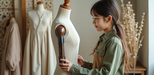 young female fashion designer carefully adjusting a dress form in her studio