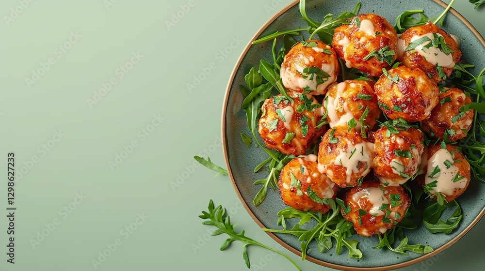 Poster spherical platter of bacon ranch cheese balls with sauce and herbs over a lively green setting tiny 