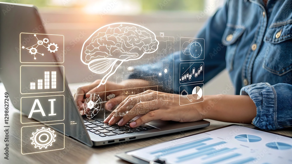 Poster artificial intelligence and data analytics concept with laptop
