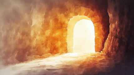 Easter Morning: The empty tomb with the stone rolled away, radiant light pouring out, and a glowing shroud folded neatly. Digital watercolor painting