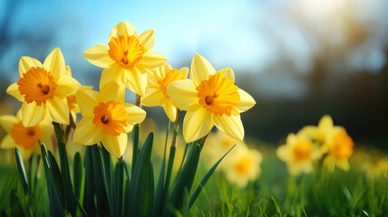 Yellow daffodils in the field. Blooming flowers in spring. Blurred background.