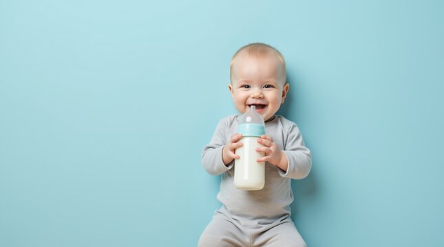 Laughing baby boy holding milk bottle on blue background. Infant nutrition concept. World Breastfeeding Week, National Baby Food Day. Parenting and child care.