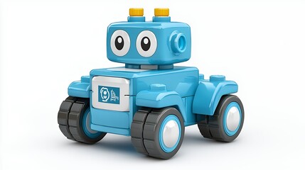 Fototapeta premium Playful Light Blue Robot Toy with Chunky Wheels on White Background