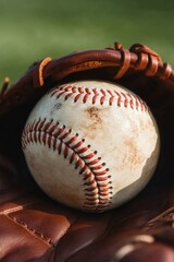 Baseball resting in worn glove, showcasing texture and nostalgic