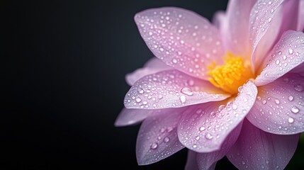 This image features a pink water lily adorned with glistening dewdrops, beautifully captured in soft focus, showcasing its extraordinary beauty and tranquility.