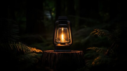 Vintage lantern casting a warm glow in the tranquility of a forest at night. Generative AI