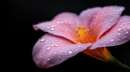 This stunning image features a delicate pink flower adorned with raindrops, showcasing its vibrant colors against a dark background, symbolizing purity and freshness.